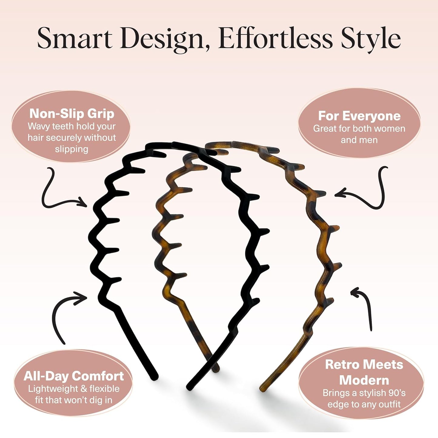 Kitsch Zig Zag Headbands for Women Non Slip – Fashion Accessories for Slicked Back Styles - Comfortable Comb Headband with Teeth | Ideal Gifts for Women - Tortoise & Black Headband - 2 pcs