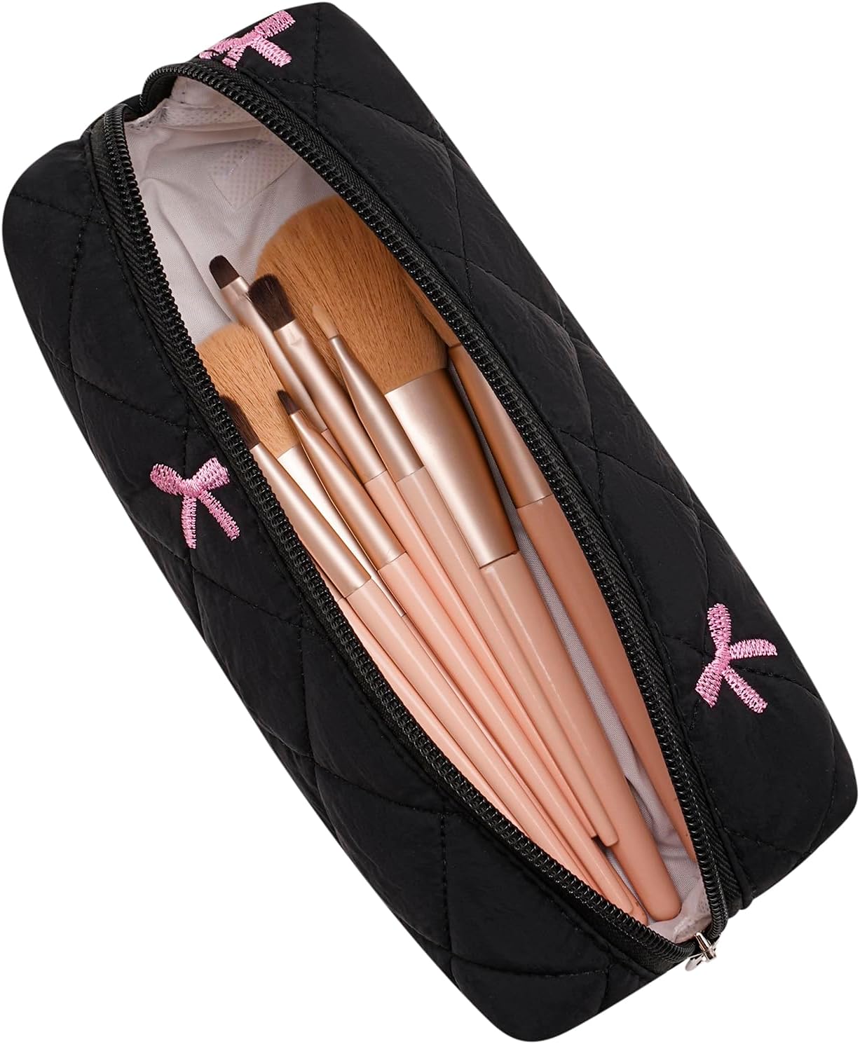 Cute Floral Cotton Makeup Brush Cosmetic Bag for Women, Travel Quilted Zipper Make Up Bag, Flowers Toiletry Organizer Case Kawaii Makeup Cosmetic Travel Cloth Pouch (Black)