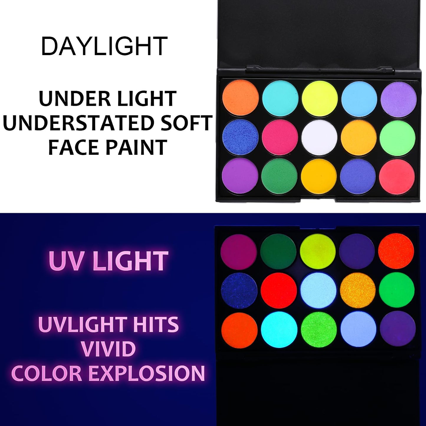 BADCOLOR Glow UV Face Paint, 15 Colors Neon Eyeshadow Palette, Water-Based UV Blacklight Face Body Paint for Kids - UV Eyeliner Makeup Palette for Halloween Glow Party Club Music Festivals