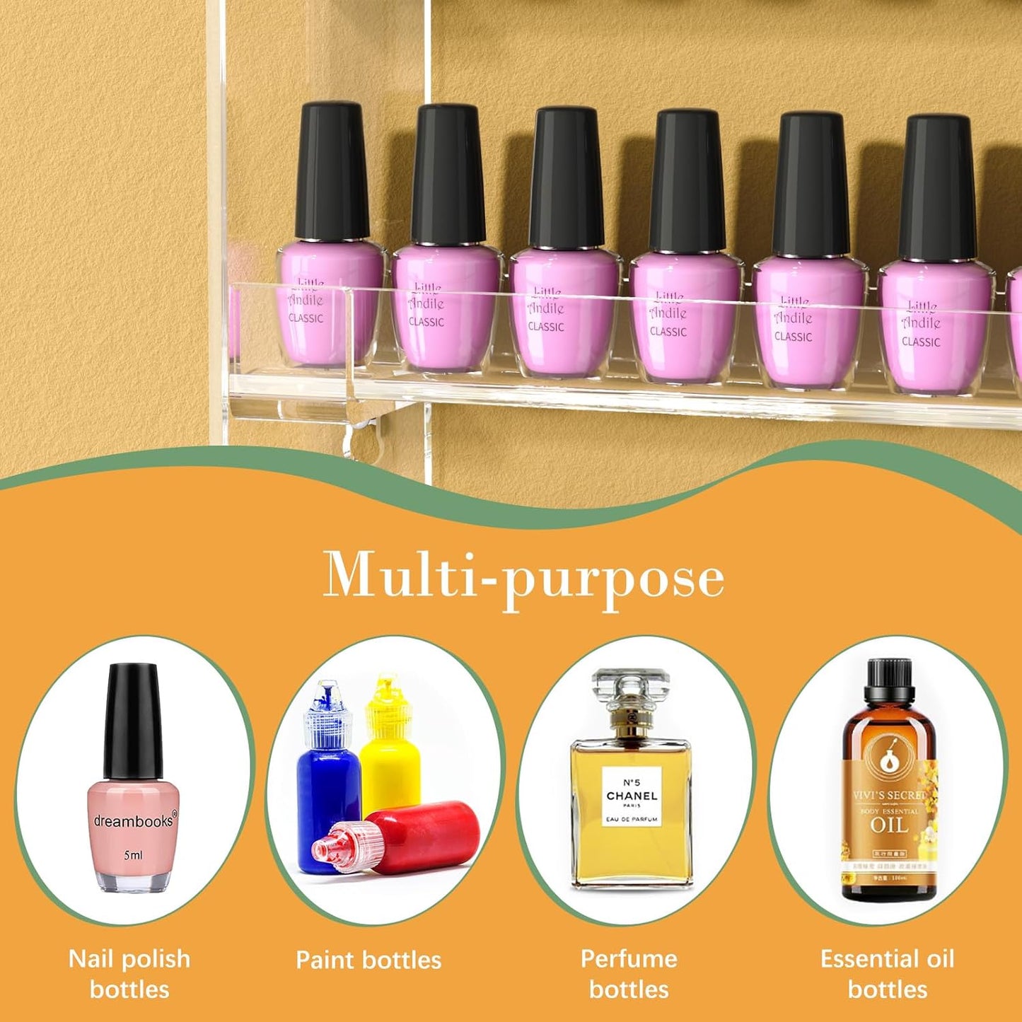 FEMELI 21 * 21 Inch Nail Polish Wall Rack, Easy to Install, Clear Acrylic Nail Polish Display Holder Organizer 6 Tier Hold Up To 90-120 Bottles