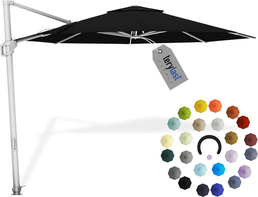 Midtown Umbrellas 10 Ft Outdoor Cantilever Patio Umbrella w/Terylast Ebony Black Fabric - Rotate 360° Offset Patio Umbrella, Deck Patio Umbrella, Backyard Umbrella & Garden Umbrella - Silver Frame