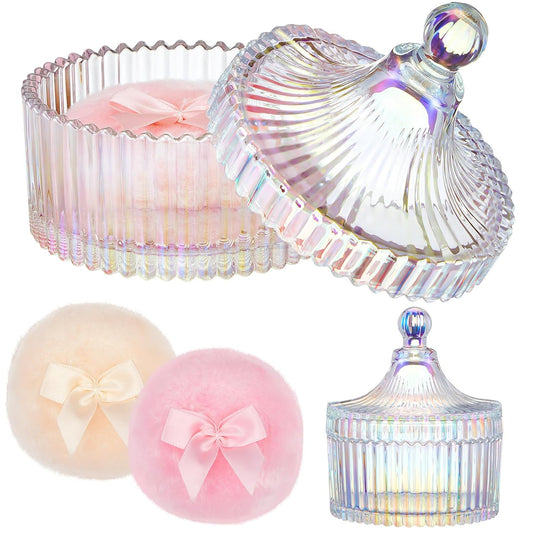 Tioncy 3 Pcs Large Body Powder Puff and Container Powder Container with Puff Crystal Case Soft Washable Reusable Velour Face Body Glitter Wet Dry Makeup(Simple,Dazzling)