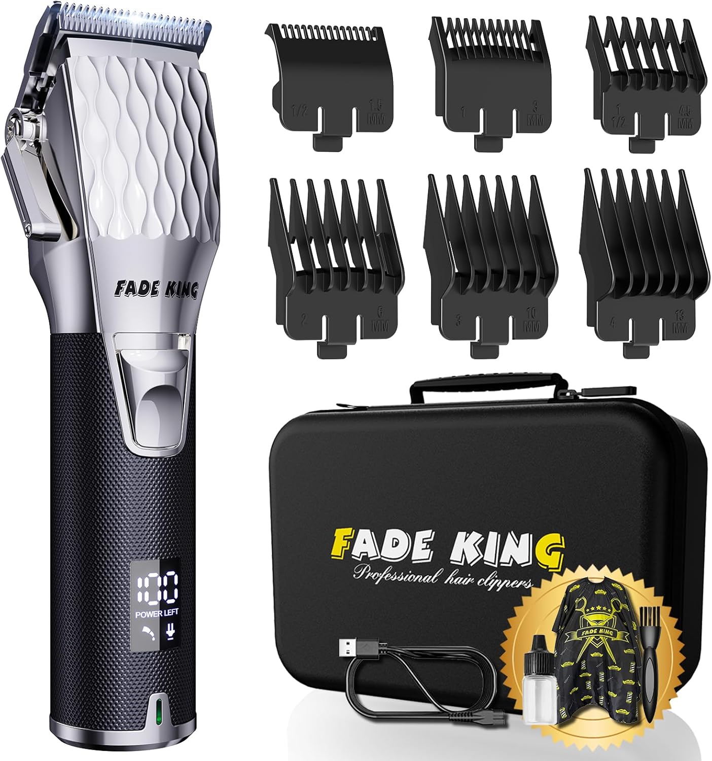 FADEKING® Professional Hair Clippers for Men - Cordless Hair Clippers, LCD Display Barber Clippers for Hair Cutting & Mens Grooming with Travel Case(Silver+Black)