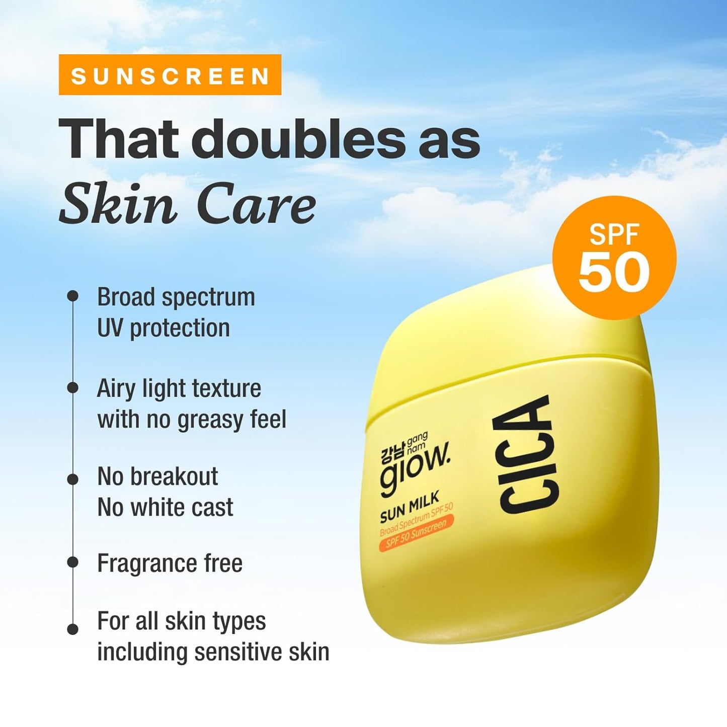 CICA SUN MILK, Moisturizer with SPF 50, Invisible Broad Spectrum Sunscreen for Face, No White Cast, Sun Protection with Cica and Niacinamide, Glow Natural Korean Sunscreen 1.69 fl.oz