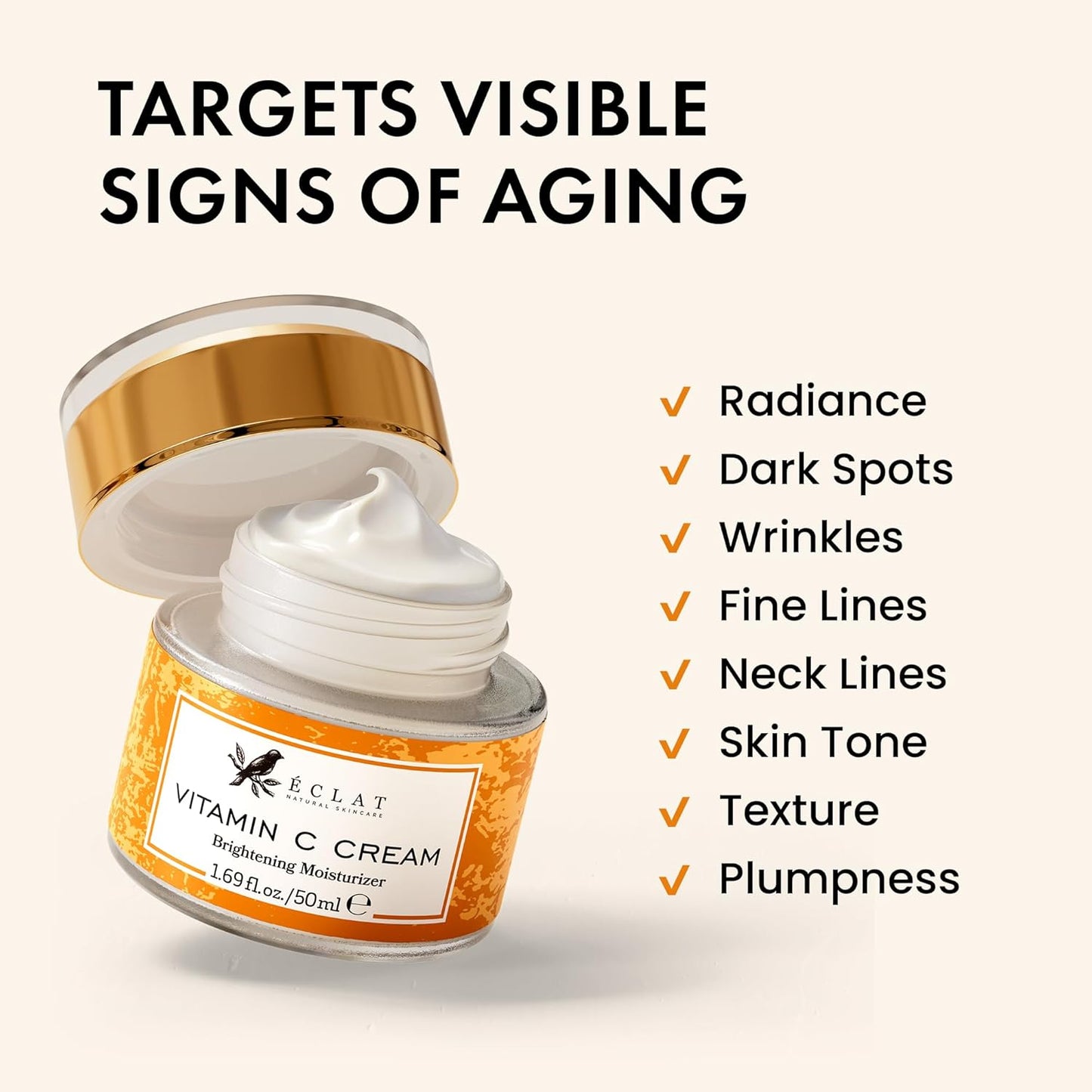 Eclat Skincare Vitamin C Moisturizer for Face with Hyaluronic Acid & Squalane - Face Brightening Cream - Anti Aging, Firming & Hydrating Vitamin C Cream for All Skin Tone 50 ml