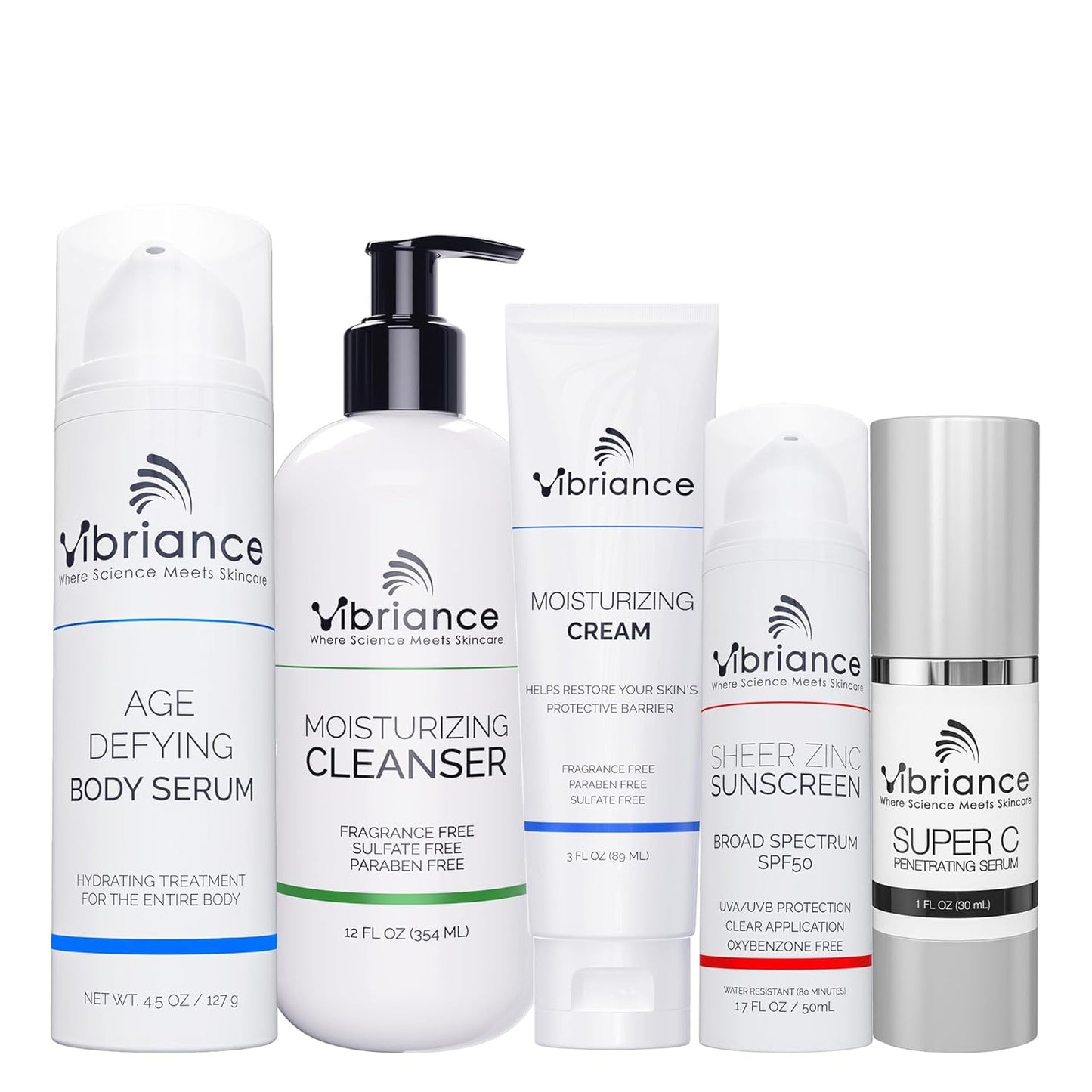 Vibriance Premium Skincare Bundle | Super C All-in-One Serum, Face Cleanser, Moisturizing Cream, Sheer Zinc Sunscreen SPF 50, Age Defying Body Creme - Heal, Hydrate, Protect, Rejuvenate