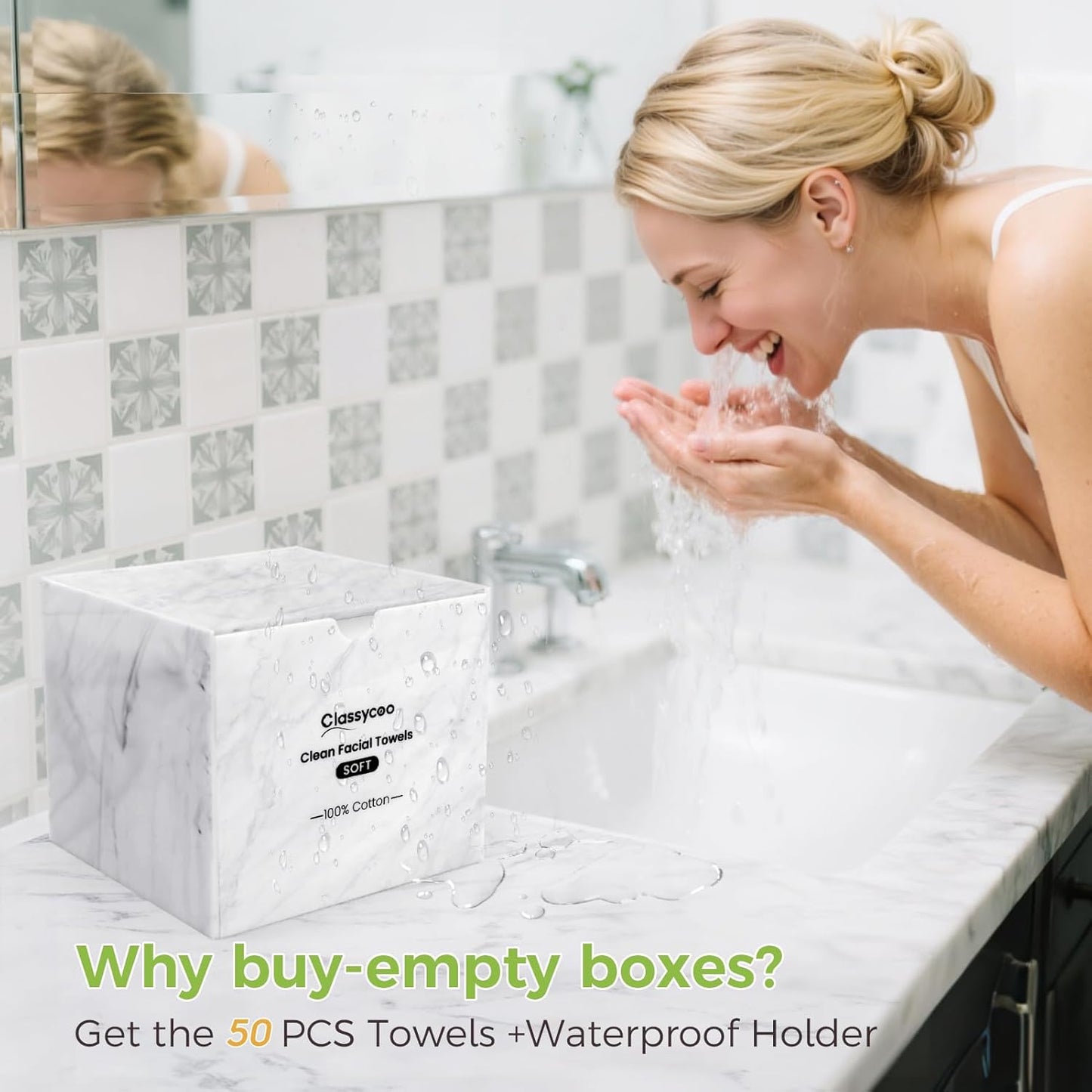 Classycoo Disposable Face Towel Holder, 50 PCS XL Clean Towels Included, Marble Acrylic Container Box for Clean Skin Club, Cotton Facial Wipes Odor-Free for Sensitive-Skin,Bathroom Cosmetic Storage