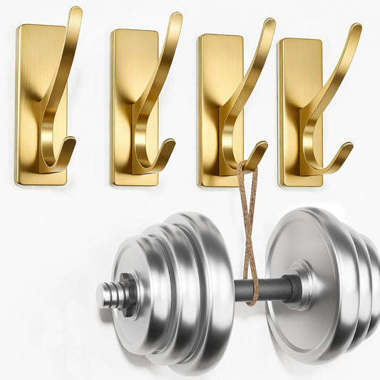 pickpiff Self Adhesive Coat Hooks for Hanging, Heavy Duty Stainless Double Wall Hook for Towel, Backpack, Hat, Sturdy Metal Hanger for Bathroom, Bedroom, Door, Wall Mounted, 4-Pack, Brushed Gold
