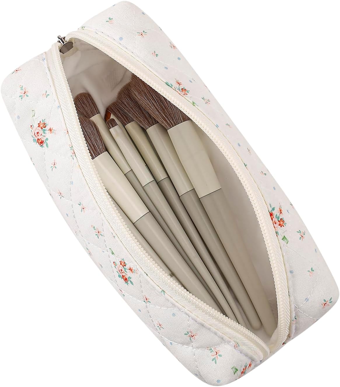 Cute Floral Cotton Makeup Brush Cosmetic Bag for Women, Travel Quilted Zipper Make Up Bag, Flowers Toiletry Organizer Case Kawaii Makeup Cosmetic Travel Cloth Pouch (White Small Flower)