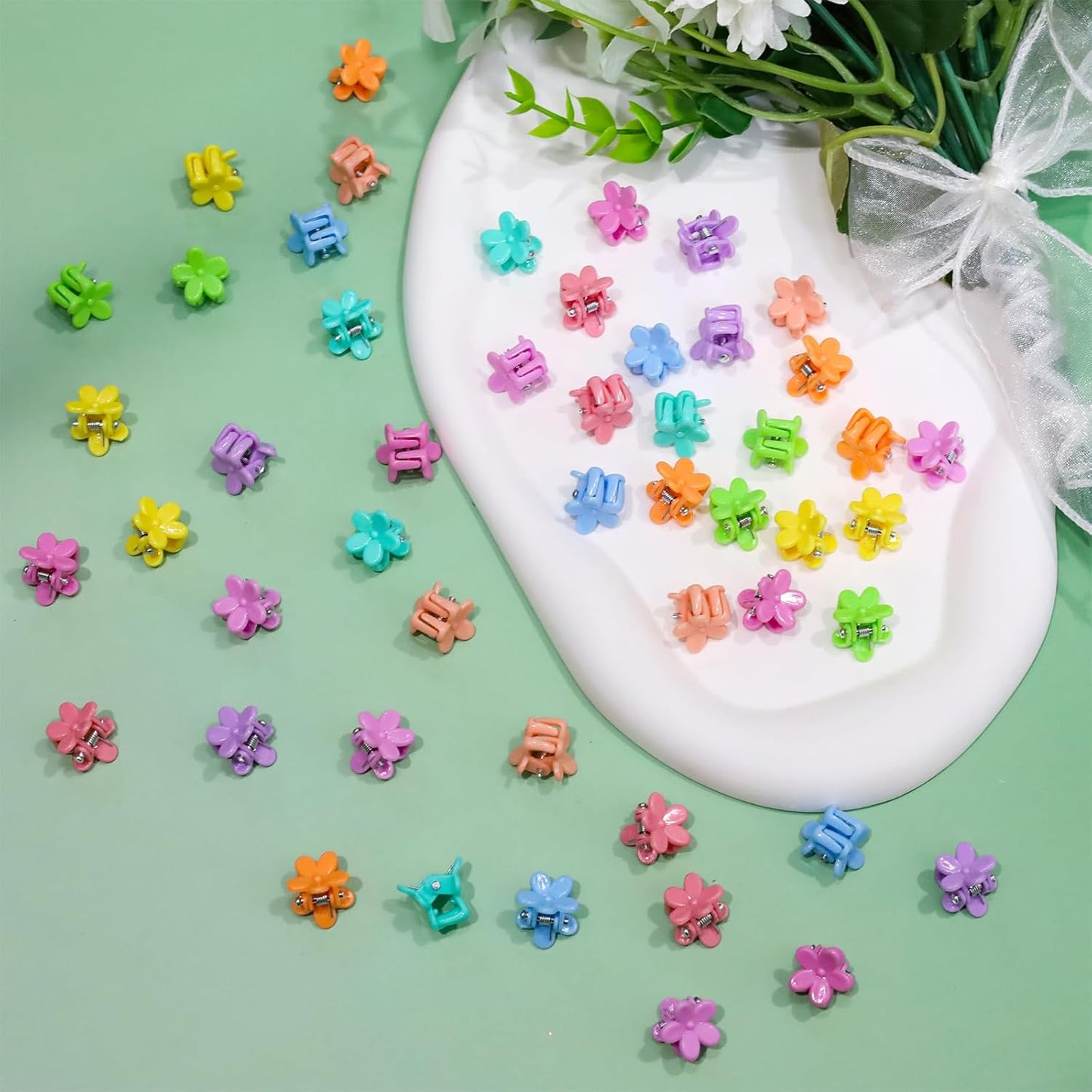 100 Pack Mini Flower Hair Claw Clips Small Flower Hair Clip Accessories for Fine Hair Bangs Toddler Girls and Women (Greenish-blue)