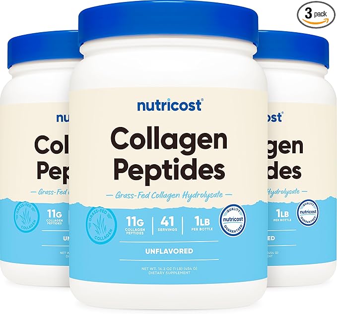 Nutricost Pure Collagen Hydrolysate (Bovine) Powder (3 Pack) - Grass Fed Bovine Collagen, 1LB Each