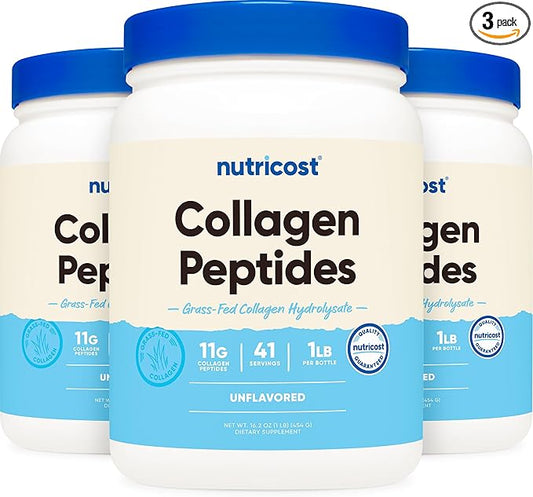 Nutricost Pure Collagen Hydrolysate (Bovine) Powder (3 Pack) - Grass Fed Bovine Collagen, 1LB Each