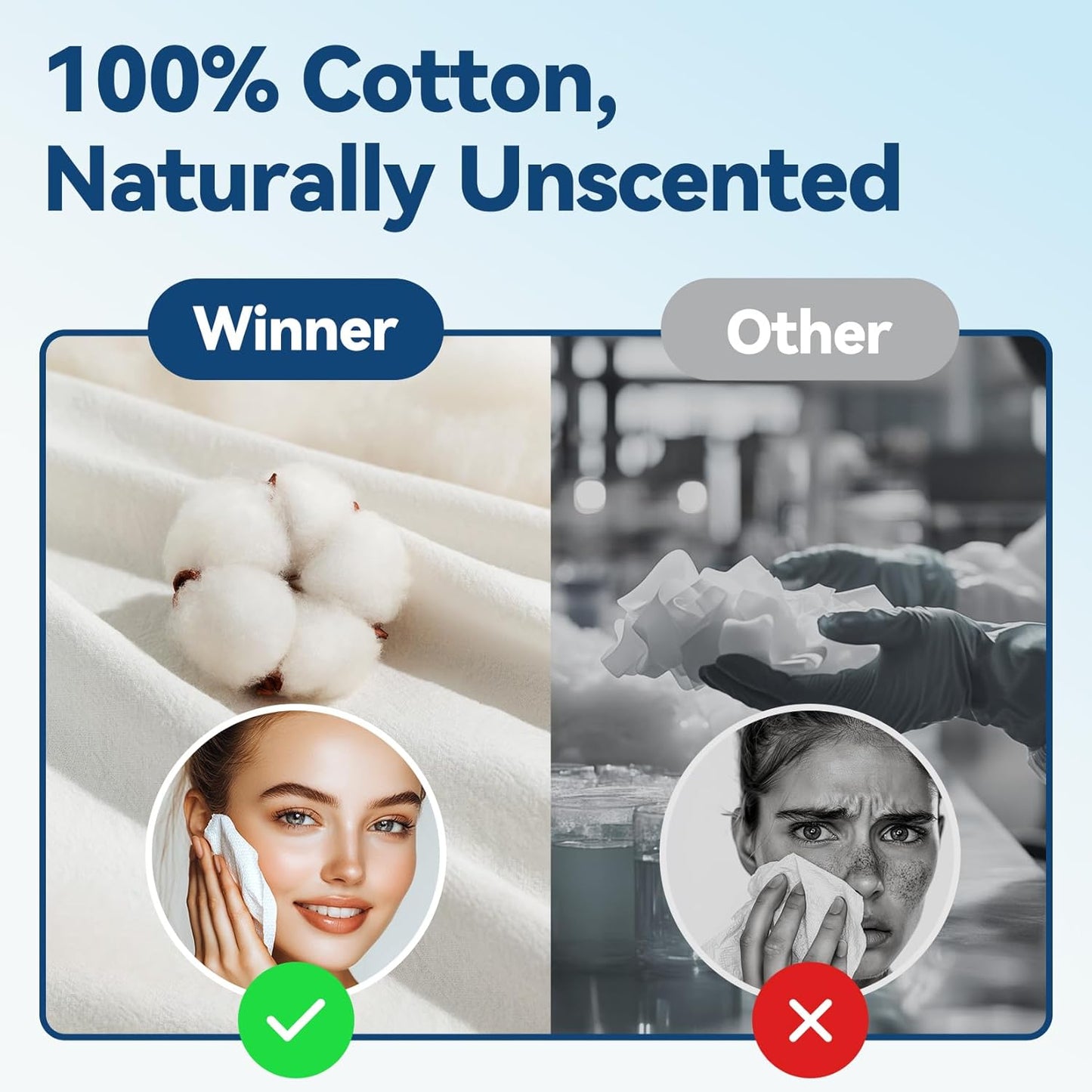 Winner Softer Face Towels - 100% USA Cotton Dry Wipes, 300 Count Unscented Cotton Tissues for Sensitive Skin, OEKO-TEX Certified Face Towelettes Disposable, Makeup Remover Facial Towels, 3 Pack