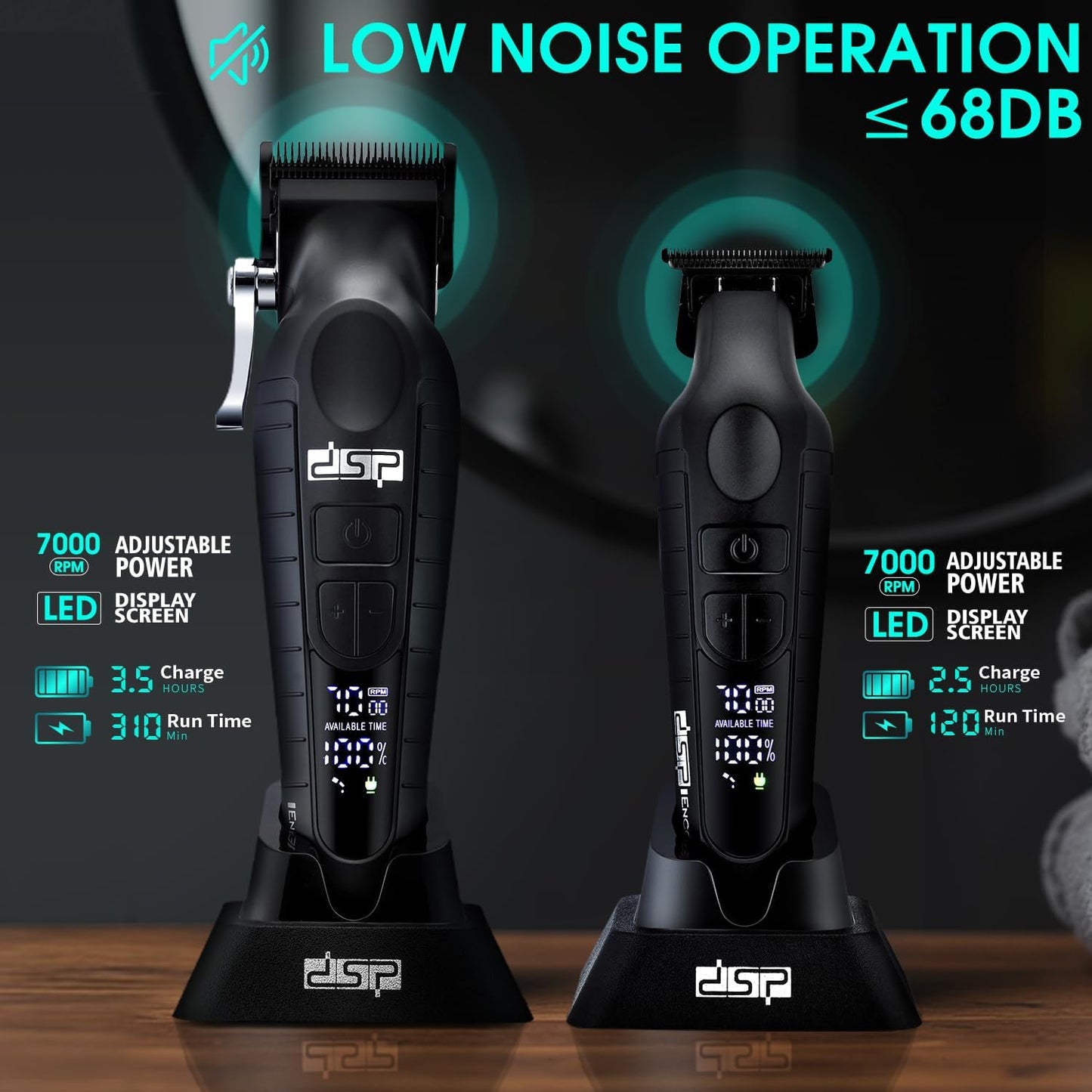 DSP Professional Hair Clippers Set for Men, Cordless Barber Clipper Beard Trimmer DLC, USB Rechargeable, Speeds Adjustable, Travel Lock, Low Noise with Charging Base