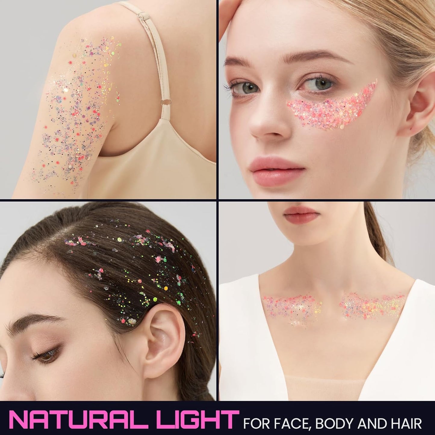 Teenitor Pink Glitter Glow in The Dark Glitter Gel, Pink Face Glitter Gel, Body Glitter Hair Glitter for UV Black Light Glow Party Raves Concerts