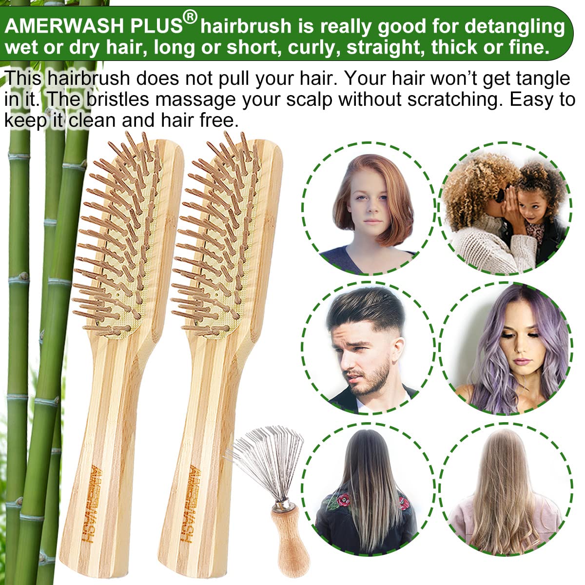 Bamboo Hair Brush with Cleaner Tool For Women Men, Bamboo Bristle Wooden Paddle Detangling Brush Helps Hair Growth, Enhance Shine & Health, Massaging Scalp - 2 Pack