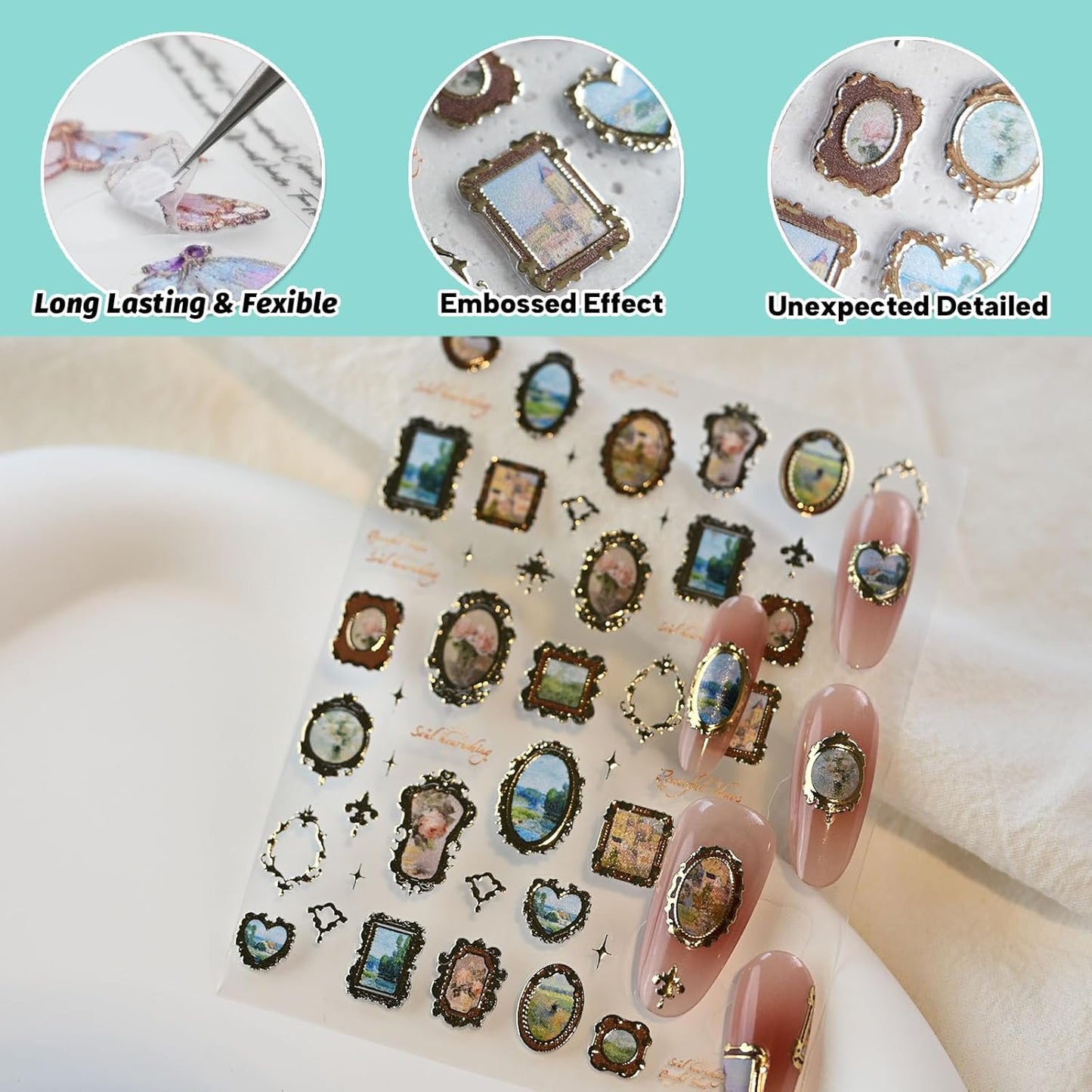 Golden Frame Nail Art Stickers, Self-Adhesive Vintage Nail Decals Women's Nail Accessories