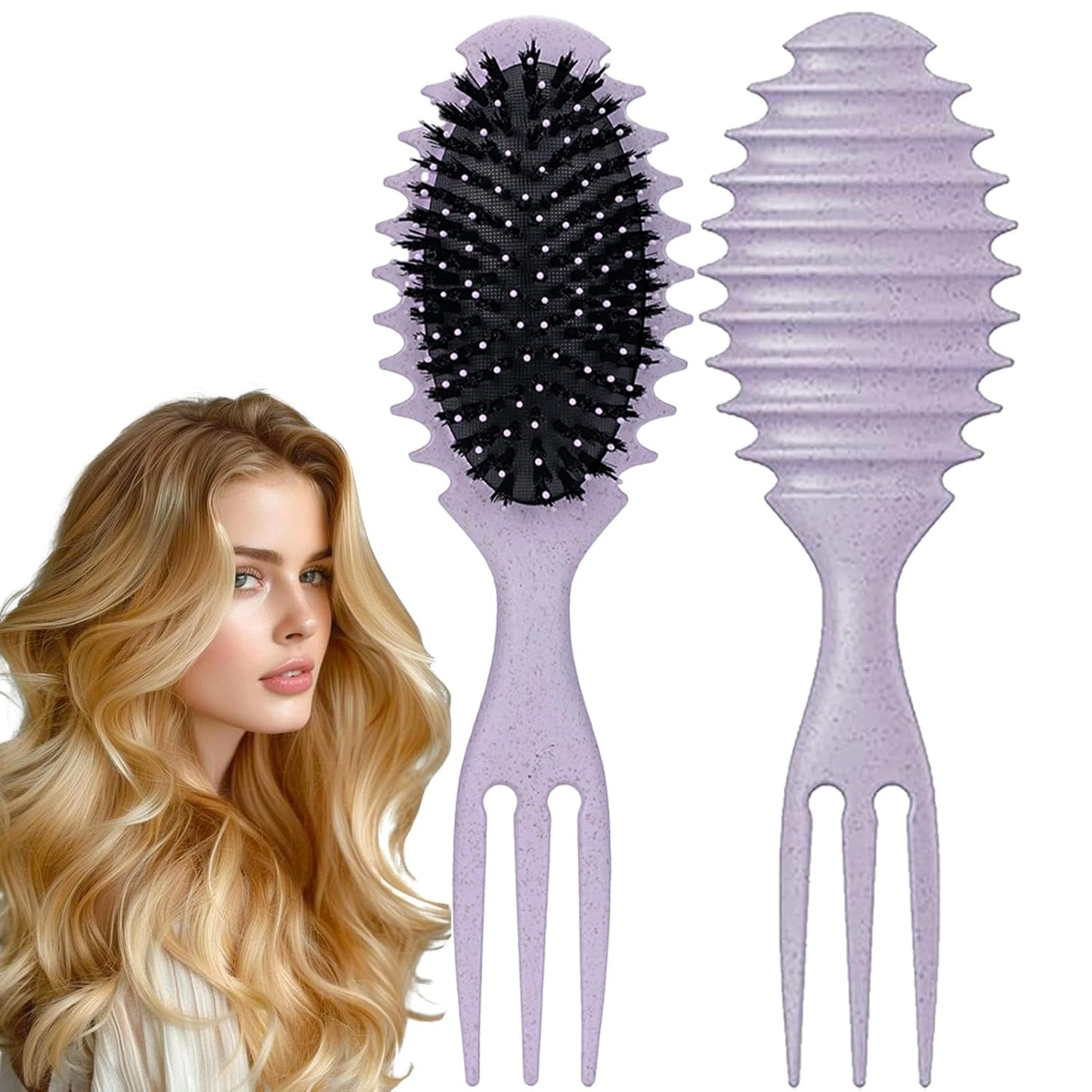Curly Hair Boar Bristle Curl Defining Brush for Curl Wave Straight Hair, Unique Trident Handle Design Defineing Brush for Wet Dry HairsStyling Massage Hairbrush Hairs Pick Comb Purple