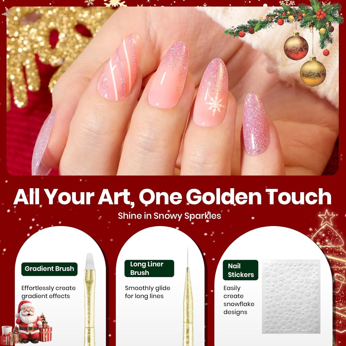 Beetles Christmas Nail Art Brushes 6pcs – Golden Gleam Nail Art Tools Liner Brushes for Nails Dotting Tool Gradient/French/Petal Manicure Design Pen with Star Palette Holder Nails Stickers Pouch Bag