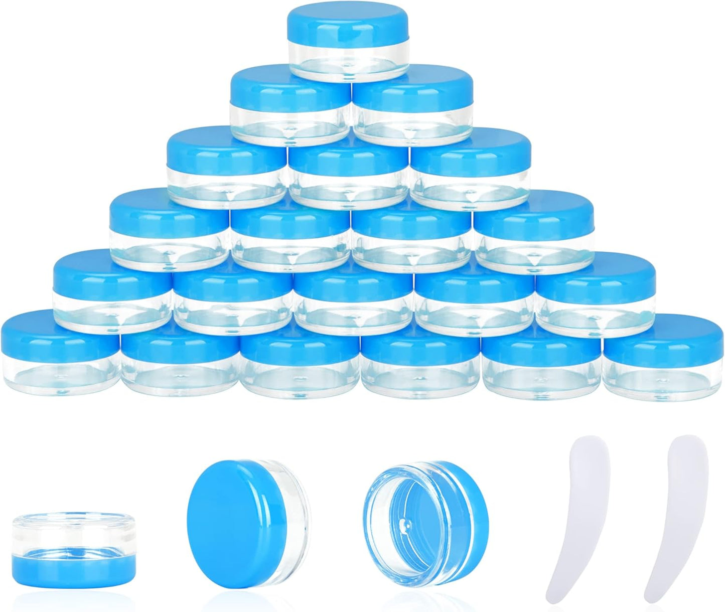 25PCS 3 Gram Sample Containers, 3ml Empty Jars with Lids, Small Cosmetic Containers, Mini Sample Jars with 2PCS Mini Spatulas for Make Up, Oils, Lotion, Powder, Paint, Jewelry, Lip Balms(Blue Lid)