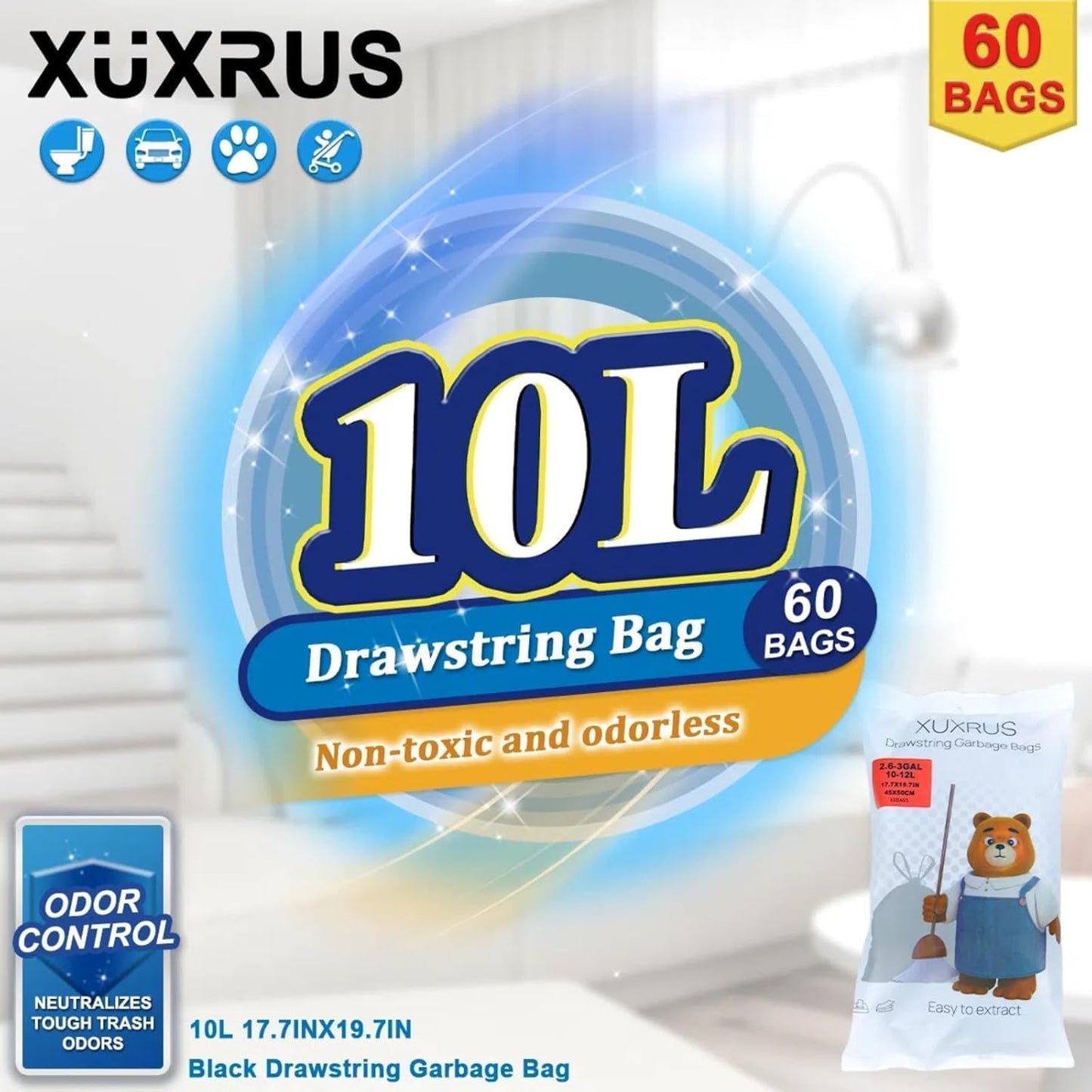 XUXRUS 2.6 Gallon Black Bathroom Drawstring Trash Bags - 60 Count Folded Small Garbage Bags, Tear-Resistant & Leak-Proof, Odor Control Liners for Bathroom, Kitchen, Office – Heavy Duty Trash Bags