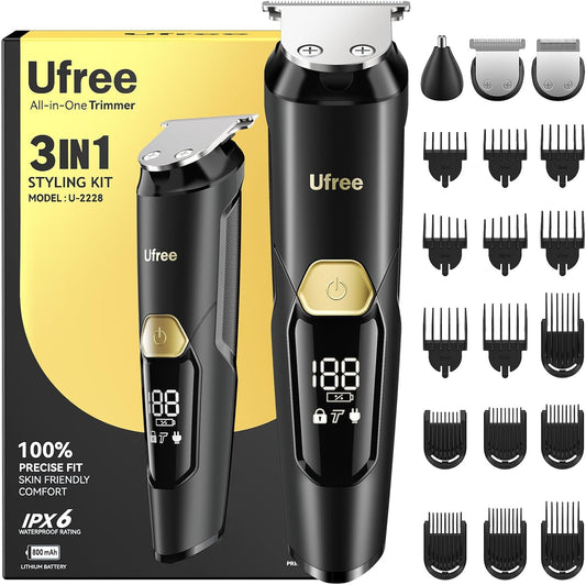 Ufree 3-in-1 Beard Trimmer Kit, Men's Electric Shaver Razor for Mustache Body Nose Facial Hair, Professional Hair Trimmer, Rechargeable Clippers, Waterproof Beard Grooming, Birthday Gifts for Men