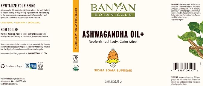 Banyan Botanicals Ashwagandha Oil+ – Organic Herbal Oil – Comforting Sore Muscle Massage Oil for Relaxation & Post-Workout Recovery – 128 oz –Non GMO Sustainably Sourced Ayurvedic Physician Formulated