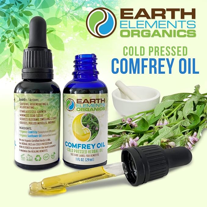 Organic Comfrey Oil Raw, Infused, Pressed Herbal Remedy, Comfrey Leaf, Sunflower Seed 1fl. oz.