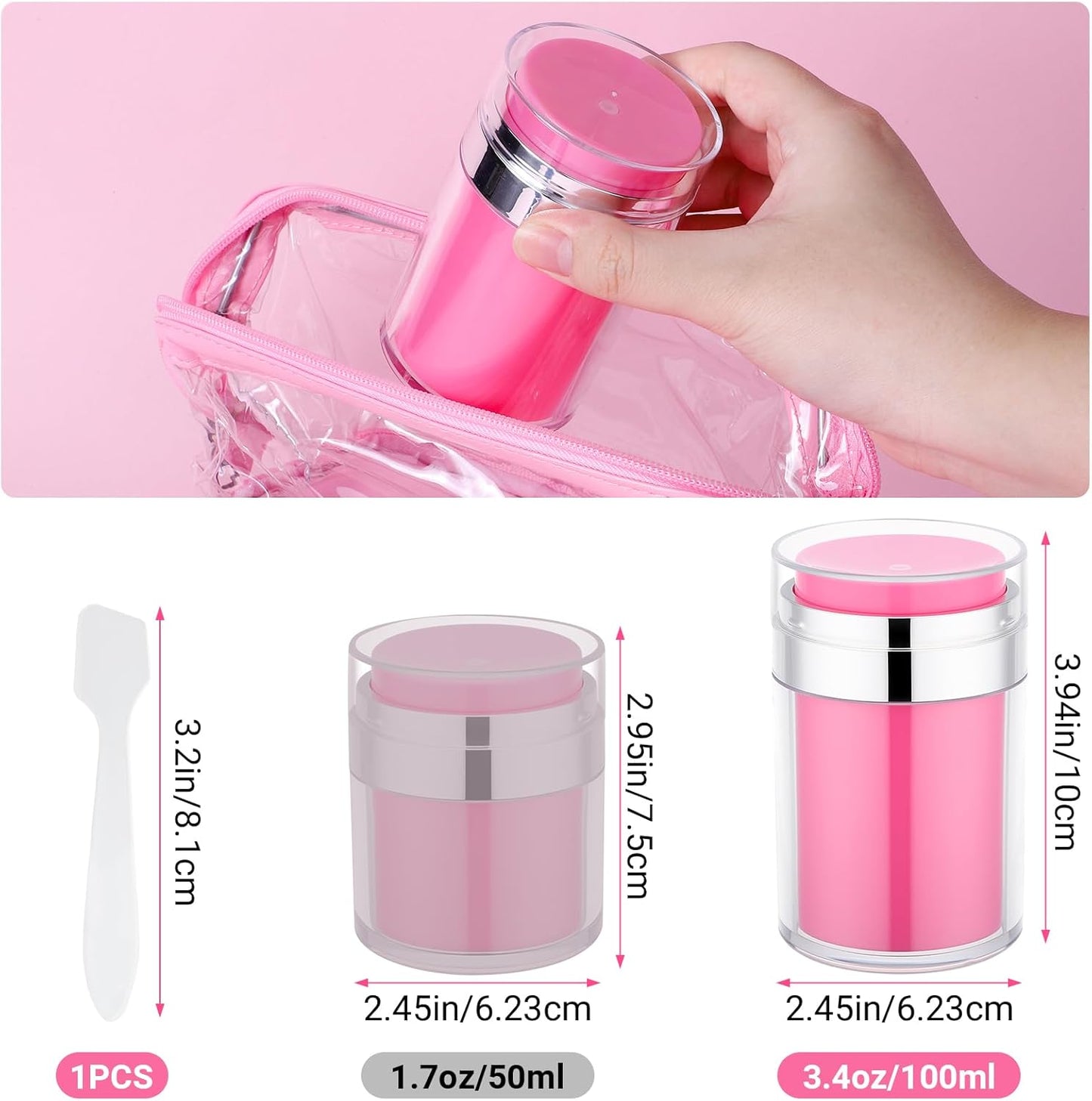 Segbeauty Airless Jar 3.4oz Travel Bottles for Toiletries, 3pcs Refillable Travel Size Lotion Jar Containers, 100ml Pink Plastic Cream Jars with Lids, Vacuum Empty Pump Bottles Dispenser for Makeup