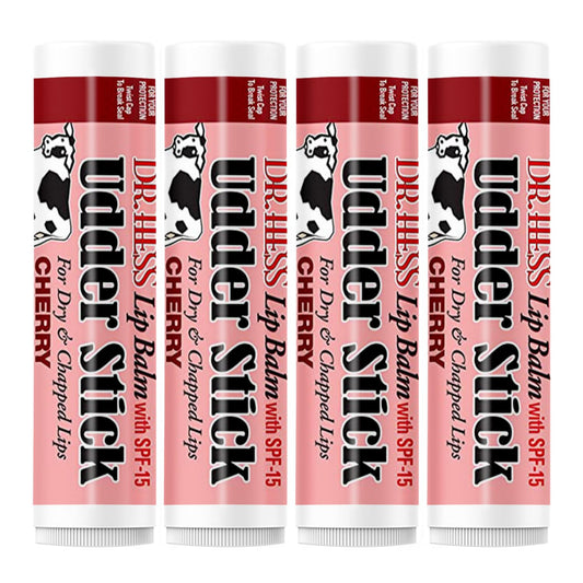 Dr. Hess Original Udder Stick SPF Lip Balm, Soothing Moisturizer Sun Screen Balm for Dry Lips with Jojoba, Beeswax & Shea Butter, Total Lip Care, Hydration & Repair, Cherry Flavor, 4 Pack