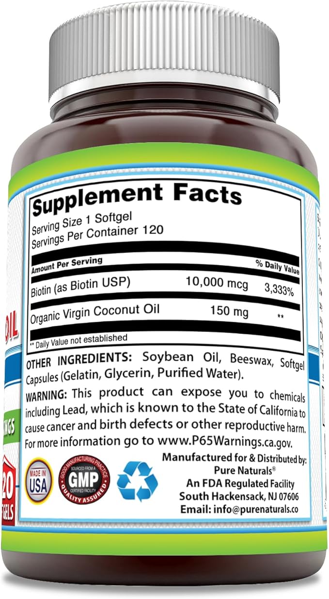 Pure Naturals Biotin 10000 Mcg with Extra Virgin Organic Coconut Oil 120 Softgels | Non-GMO | Gluten Free | Made in USA