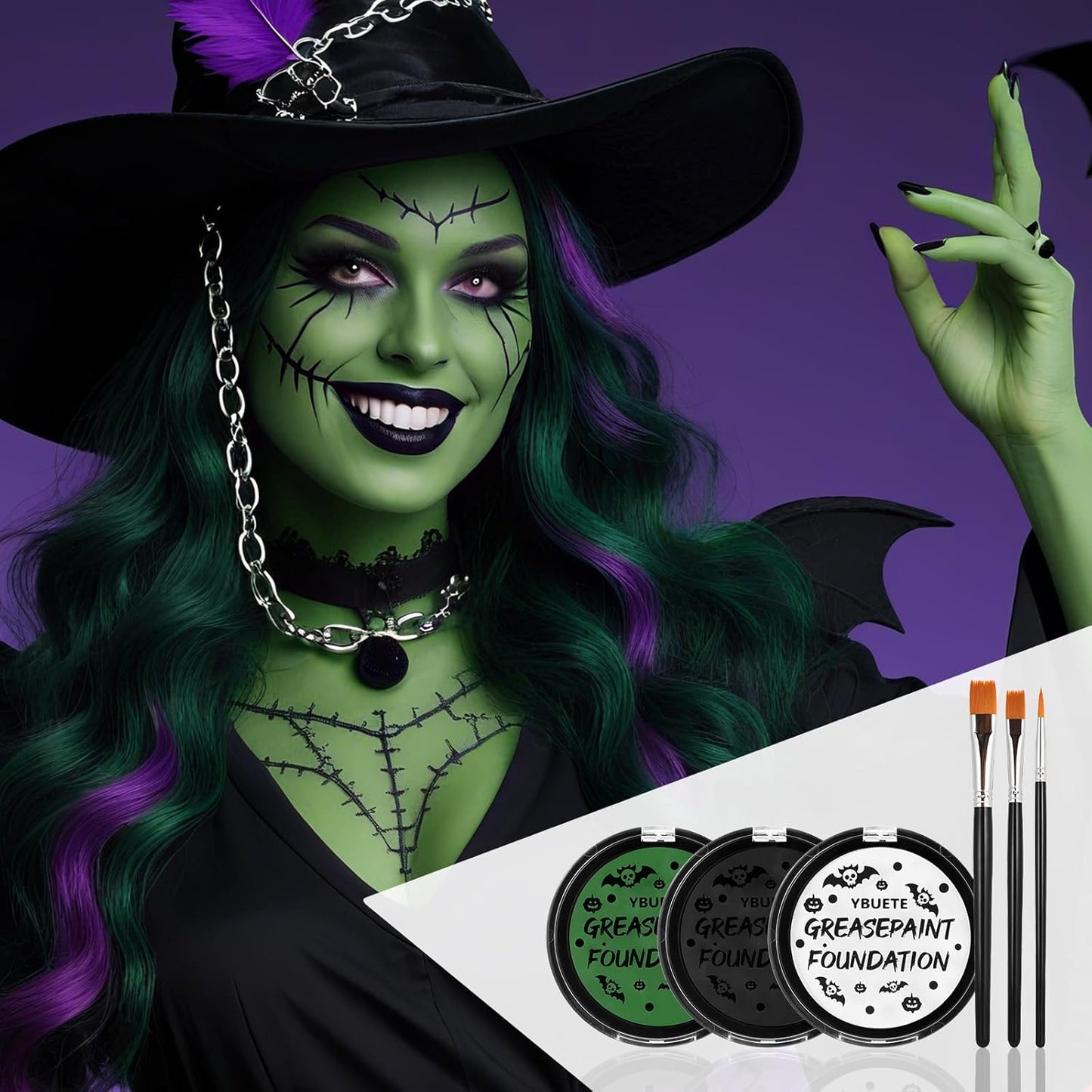 Green White Black Oil Based Face Paint Kit with Painting Brushes, Professional Greasepaint Halloween Face Painting Kit for Adult Cosplay Hulk Witch Shrek Grinch Makeup Costume Party