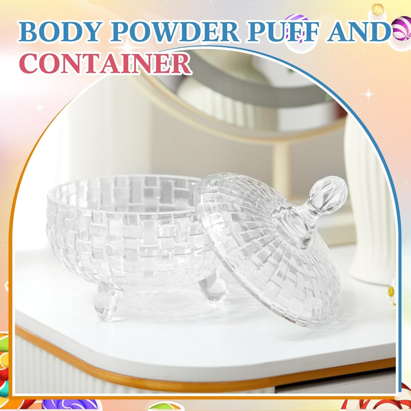 Tioncy 2 Pcs Extra Large Dusting Powder Puff and Container 6'' Body Powder Puff and Crystal Container for Women Soft Washable Reusable Velour Face(Clear)