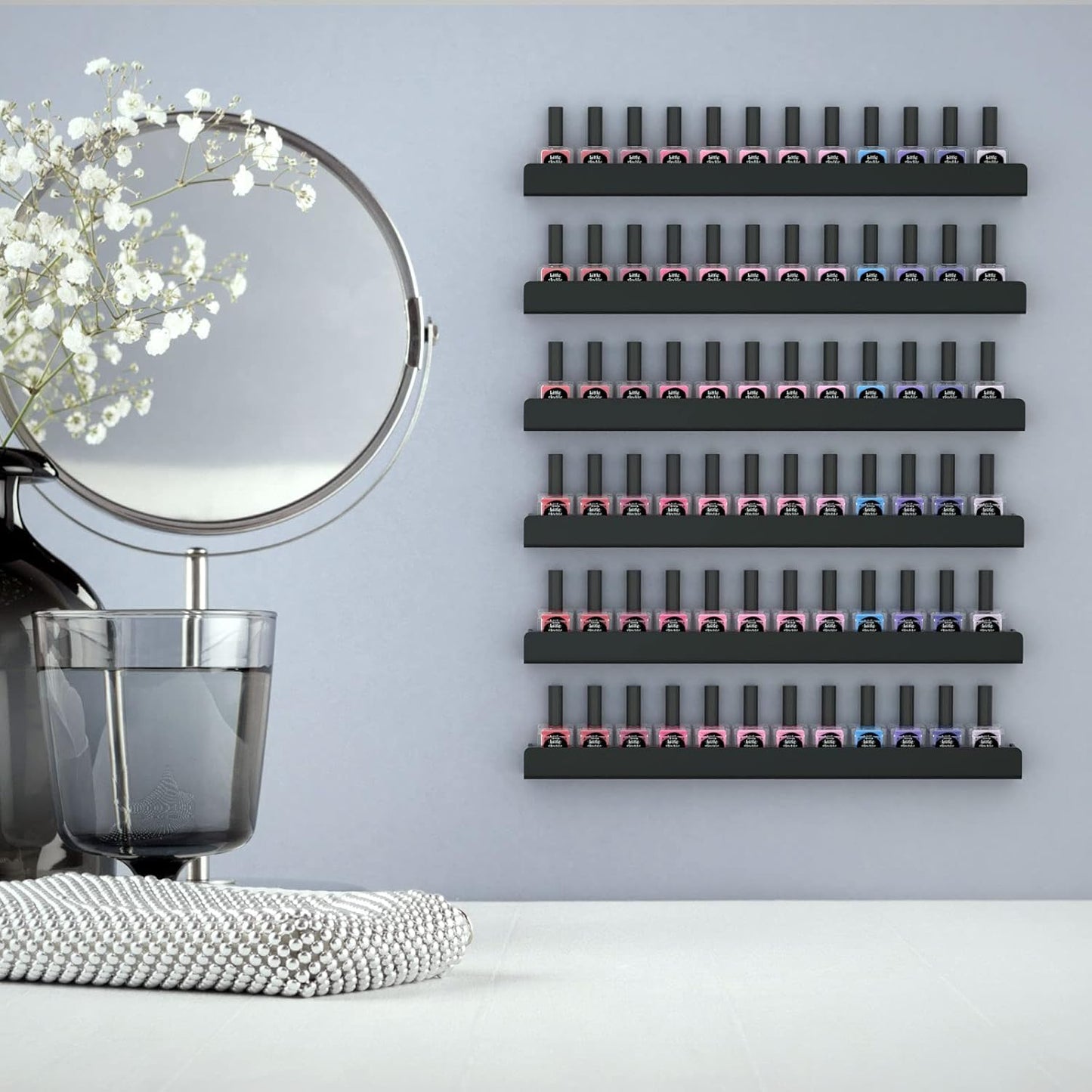 FEMELI Nail Polish Wall Rack: 6 Shelves 15 Inch Acrylic Nail Polish Holder Organizer for 66-90 Bottles, Multi-Purpose Acrylic Floating Shelves (15 Inch, Black)