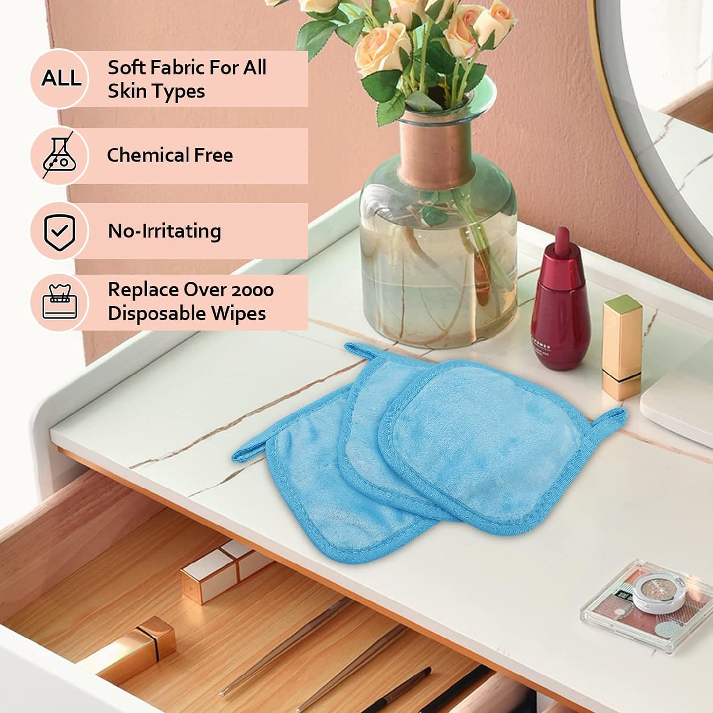 HOMEXCEL Makeup Remover Cloth 12 Count (Pack of 1), Reusable Makeup Remover Pads, Washable Ultra Soft Facial Cleansing Cloths For All Skin Types, 5 X 5 In, Blue