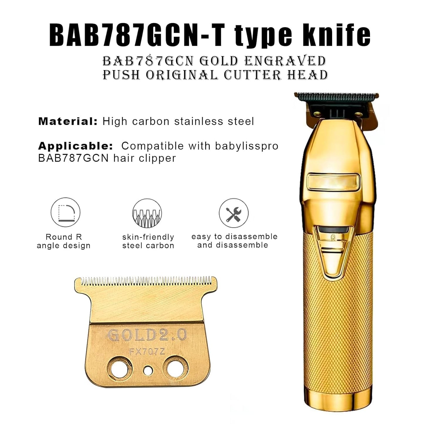 707GOLD2.0 Replacement Blades Compatible with BaBylissPRO FX787 & FX726 Trimmers, for Outlining Hair Trimmers (FX787）