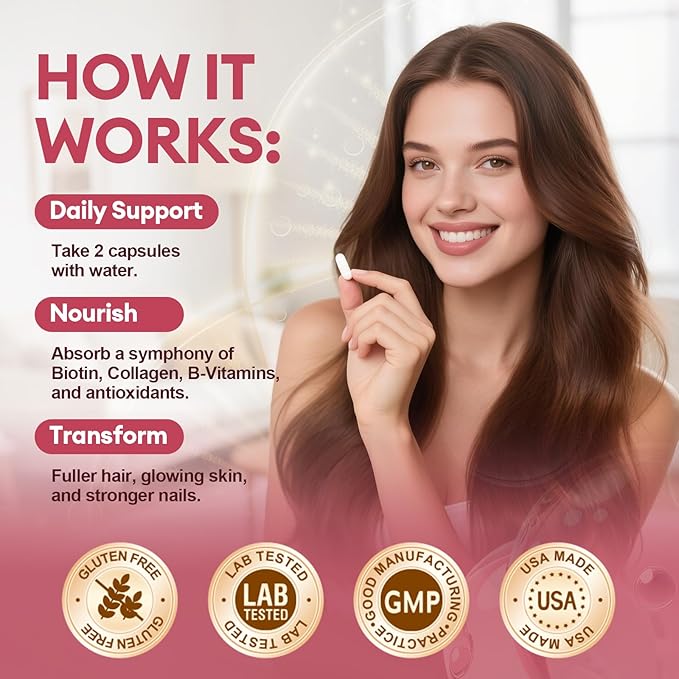 Hair Skin and Nails Vitamins with Biotin, Collagen & Hyaluronic Acid, Supports Healthy Hair Growth, Strong Nails & Glowing Skin, Biotin Supplement with Vitamins A, C, D3, E, B Complex & Minerals