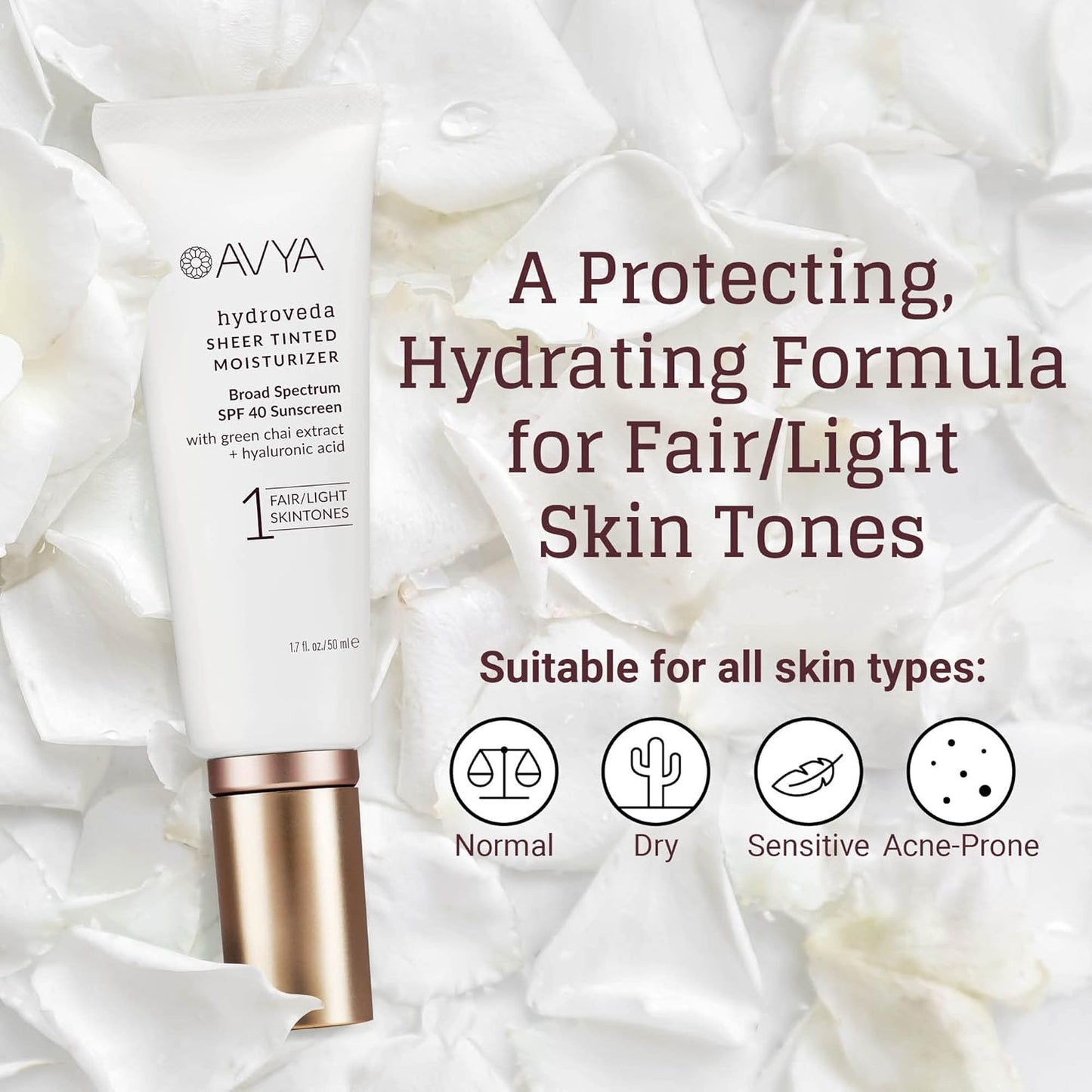 AVYA SPF 40 Sheer Tinted Moisturizer with Hyaluronic Acid & Green Chai – Advanced Ayurvedic Skincare Treatment for Balanced and Brighter Skin/Fair & Light Skintones Shade #1 (1.7oz/50ml)