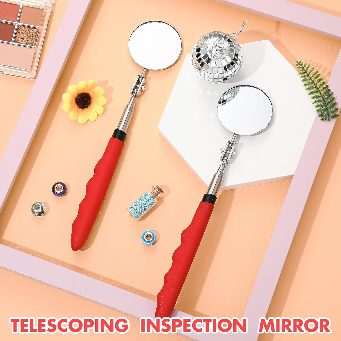 2 Pcs Telescoping Inspection Mirrors, Mechanics Mirror Tool with Long Handle, Round Extendable Mirror on a Stick for Technicians Mechanics Contractors Checking Observation(50mm,Red)