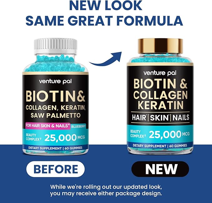 Venture Pal Biotin Gummies with Collagen & Keratin - Hair Growth Support Skin and Nail Strength Vitamins for Women & Men - Biotin 10000mcg | B-Complex | Saw Palmetto - Sugar Free, Non-GMO, 60ct