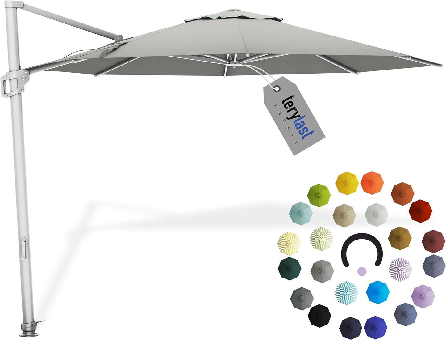 Midtown Umbrellas 10 Ft Outdoor Cantilever Patio Umbrella w/Terylast Matter Grey Fabric - Rotate 360° Offset Patio Umbrella, Deck Patio Umbrella, Backyard Umbrella & Garden Umbrella - Silver Frame