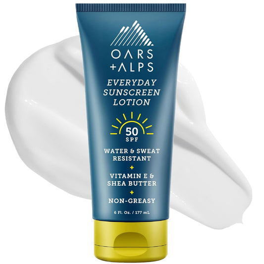Oars + Alps Sunscreen Body Lotion for Everday Use, SPF 50 Body & Face Sunscreen Lotion, Infused with Aloe Leaf & Vitamin E, No White Residue, Water & Sweat Resistant, All Skin Types, Lightweight, 6oz