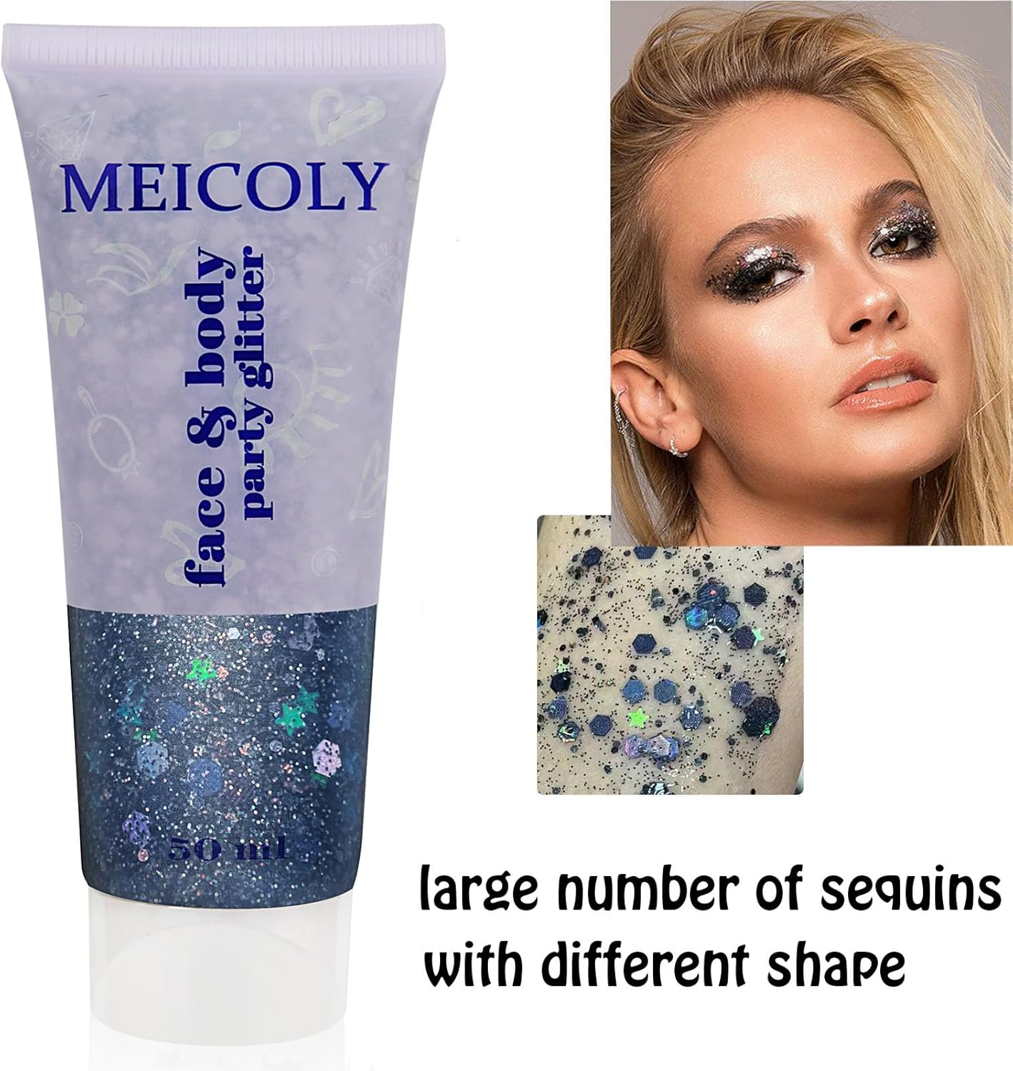 MEICOLY Black and Clear White Face Body Glitter Set,Mermaid Face Glitter Gel,Singer Concerts Festival Rave Accessories,Chunky Sequins Glitter Face Paint for Women and Kids,Sparkling Glitter Makeup