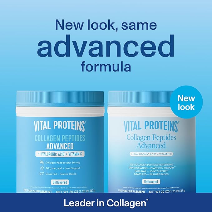 Vital Proteins Collagen Peptides Powder Advanced with Hyaluronic Acid & Vitamin C - 20oz Collagen Protein, Unflavored, 28 Servings