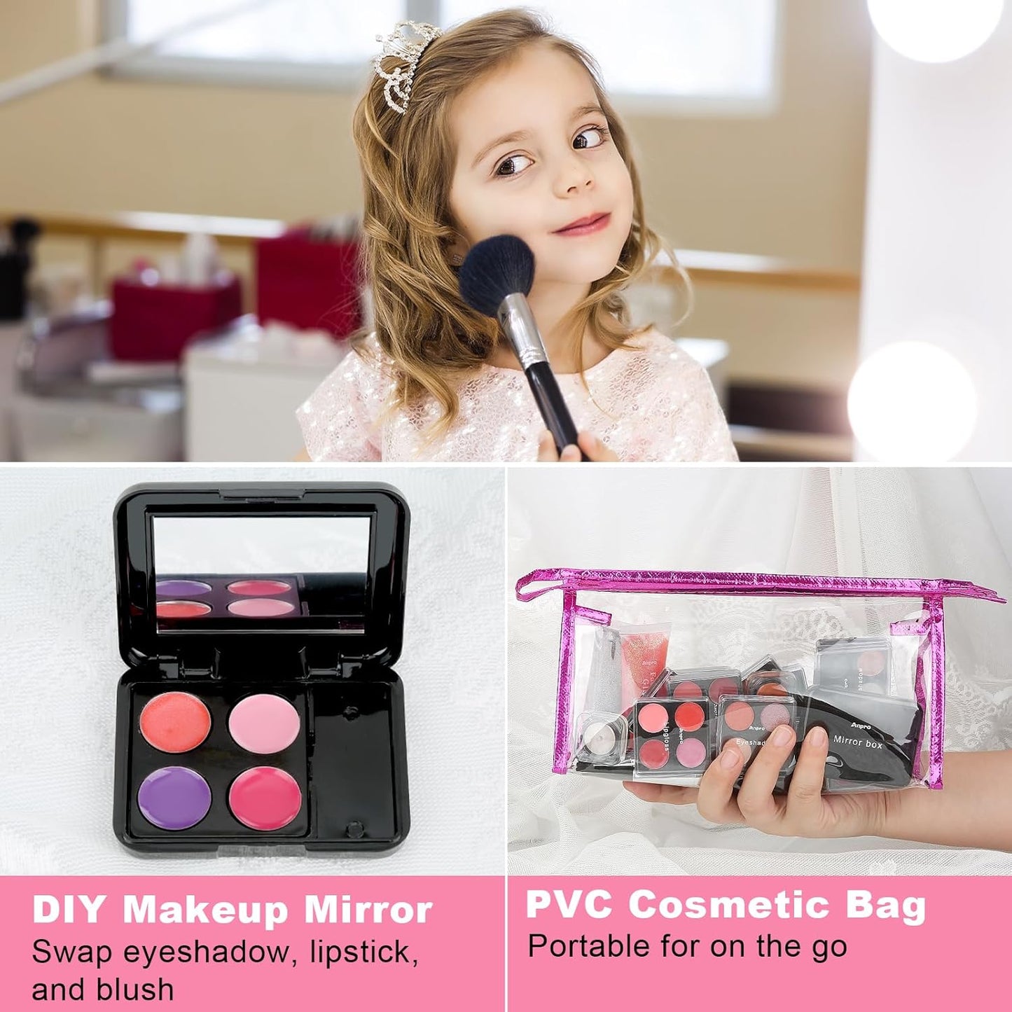 Anpro All-In-One Makeup Carry Case with Pro Teen Makeup Set, Full Starter Cosmetics Kit with Makeup Brushes, Lipsticks, Eye Shadows Palette, Blushes, Glitter Gel-Pink