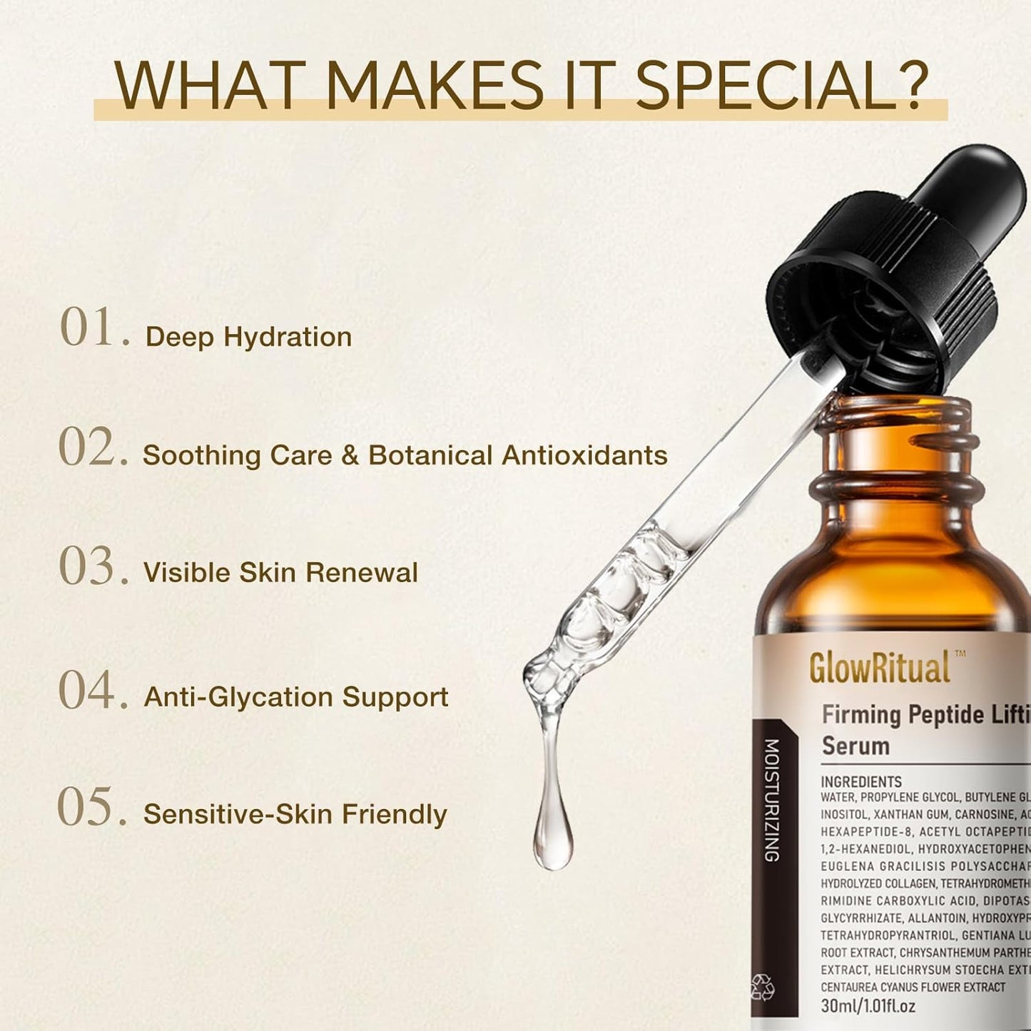 GlowRitual Firming Peptide Lifting Serum — Hydrating, Anti-Aging Face Serum; Multi-Peptides & Natural Ingredients, Boosts Elasticity & Radiance, Smooths the Look of Fine Lines, Most Skin Types