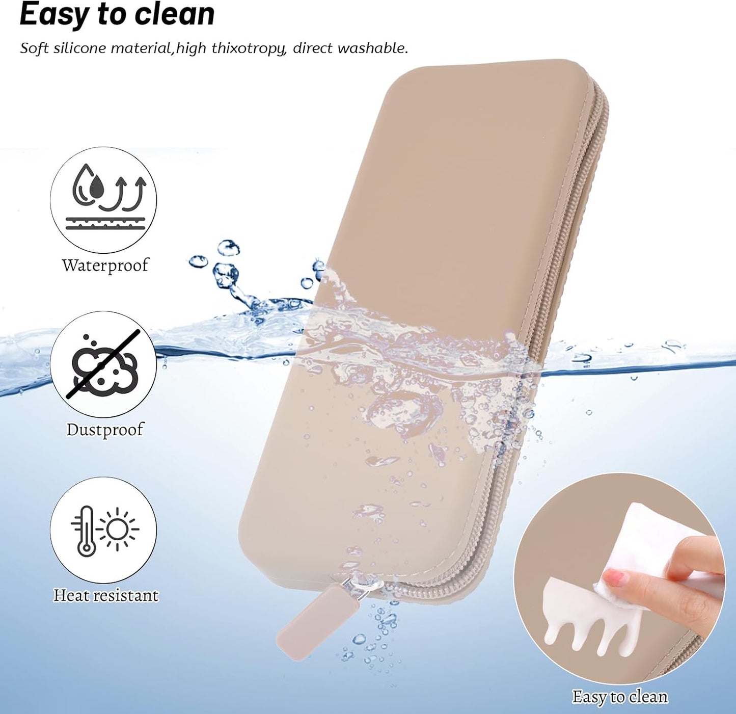 Sakolla Travel Makeup Brush Holder, Silicone Makeup Brush Bag with Zipper Closure, Makeup Brushes Organizer Case Washable Makeup Pouch Holder Case for Daily, Work, Essentials (Khaki)