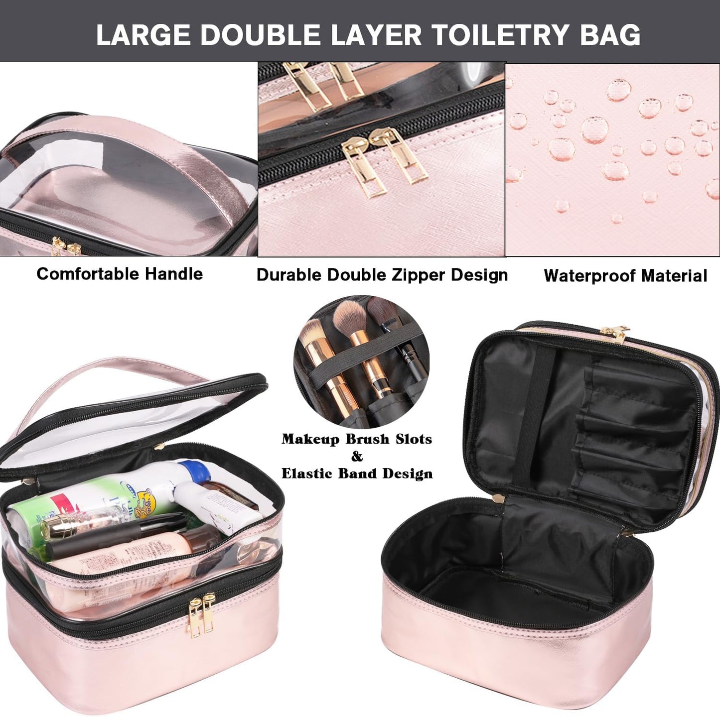 FITINI Makeup Bags Double Layer Travel Storage Cosmetic Cases Make-up Organizer Toiletry Bags Water-resistant Vegan Leather for Women Makeup Brush Bag,Gradient Purple