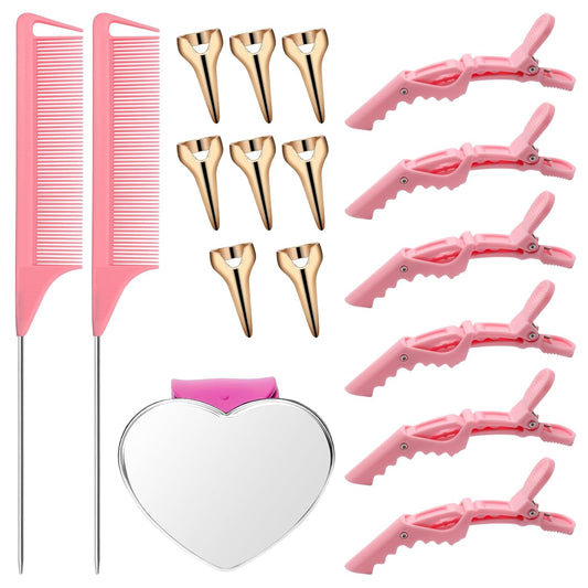 17 Pieces Hair Parting Tools Set Heart, Included 8P Hair Parting Ring 2P Metal Rat Tail Comb 6P Hair Sectioning Clip with 1P Magnetic Wrist Sewing Pin Holder for Braiding (Pink)