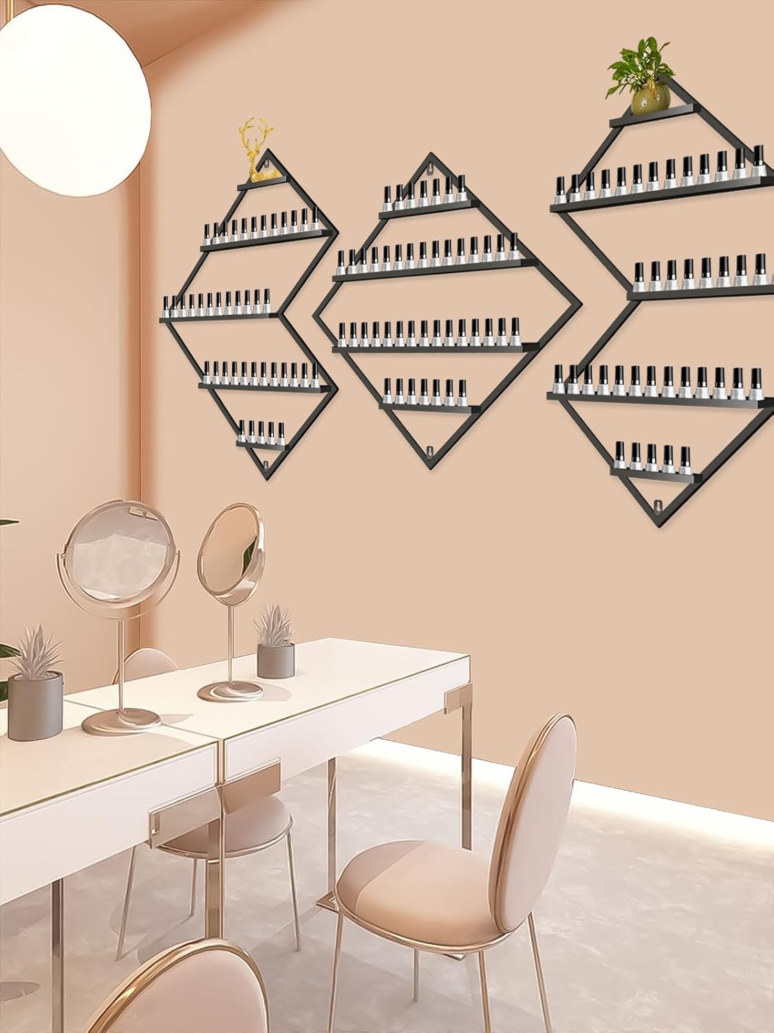 EBANKU Metal Wall Mounted Nail Polish Storage Racks, Black Display Rack Cosmetic Display Case Lipstick Wall Shelf Essential Oil Organizer for Bottles Spa Nail Salon (Irregular Rhomboid)